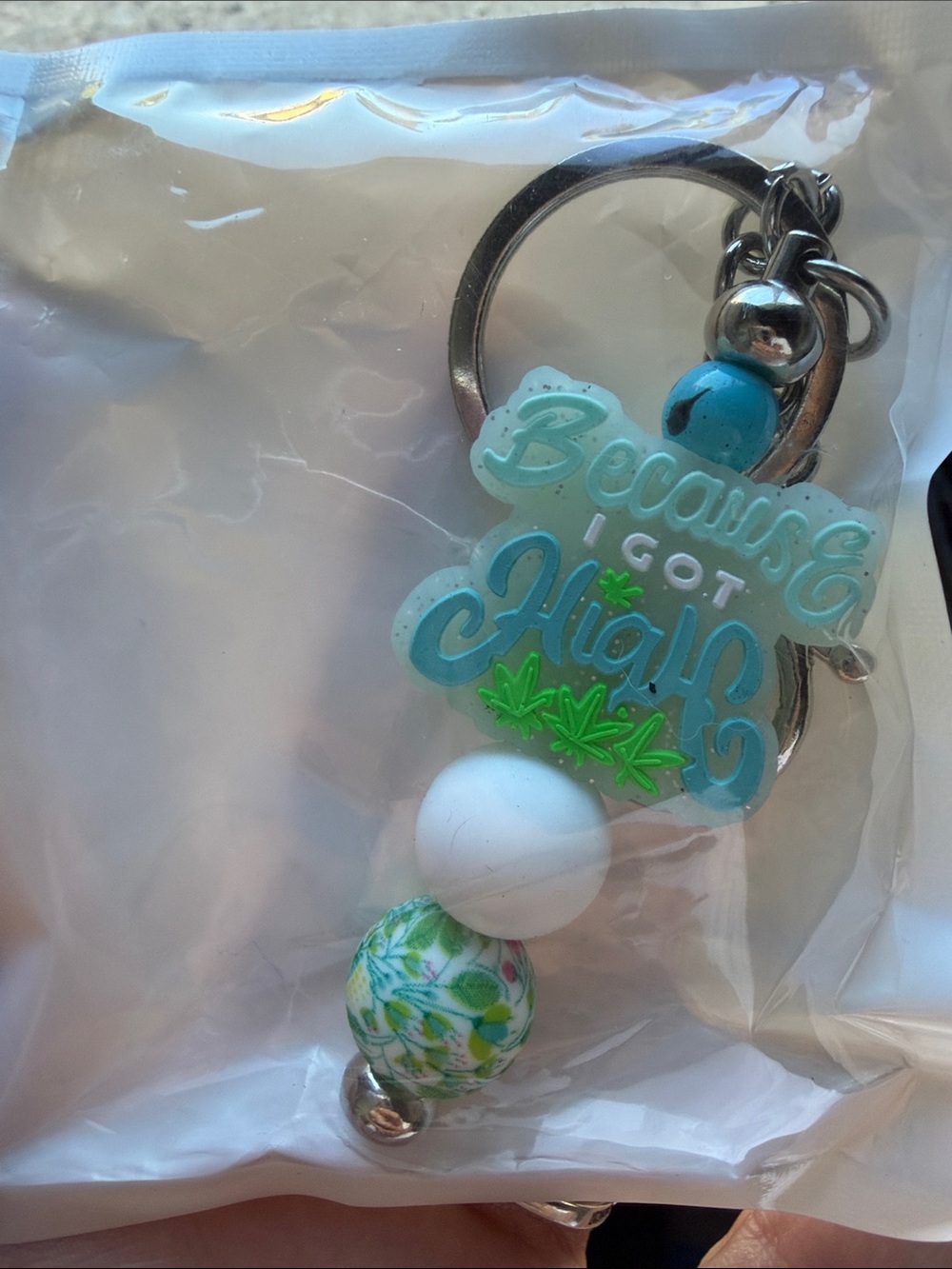 Aqua and White 'Because I Got High' Decorative Keychain Charm